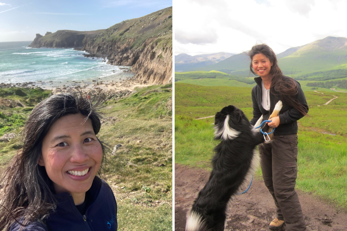  From left: Winnie M. Li marking the anniversary of the sexual assault on a hike in 2026, also seen walking the West Highland way with a dog. 