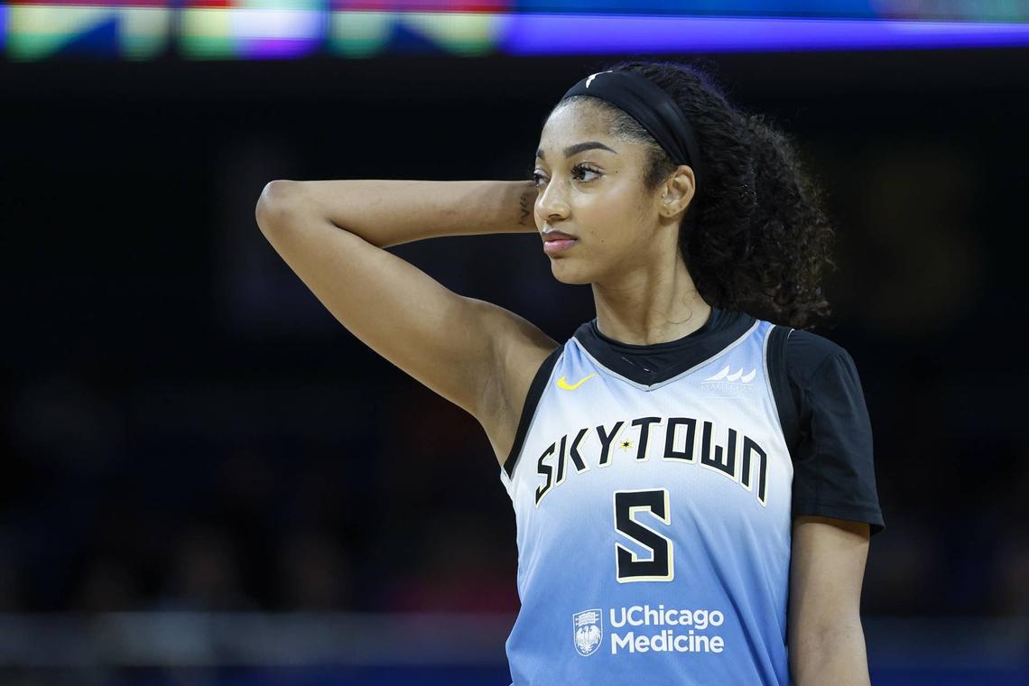  Former Chicago Sky forward Angel Reese (5) walks on the court during the second half of a WNBA game against the Connecticut Sun. © Kamil Krzaczynski-Imagn Images 