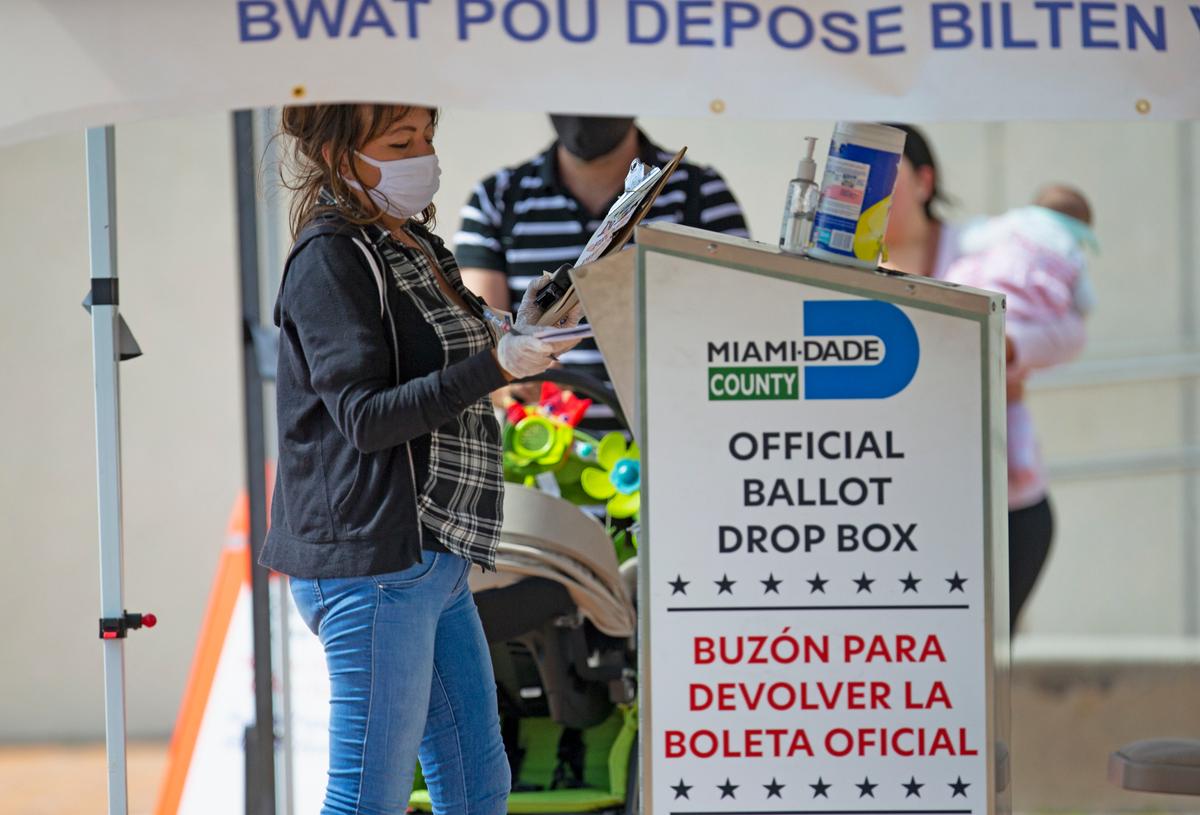 A 2020 photo of a poll worker depositing ballots at a drop box outside the Westchester Regional Library.