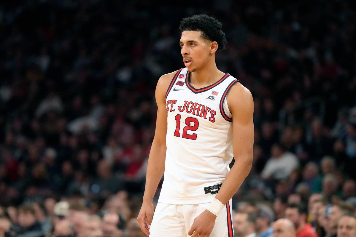  NEW YORK, NEW YORK - MARCH 14: RJ Luis Jr. #12 of the St. John's Red Storm looks on during the a semifinal game against the Marquette Golden Eagles during the Big East Men's Basketball Tournament at Madison Square Garden on March 14, 2025 in New York City. (Photo by Mitchell Layton/Getty Images) 