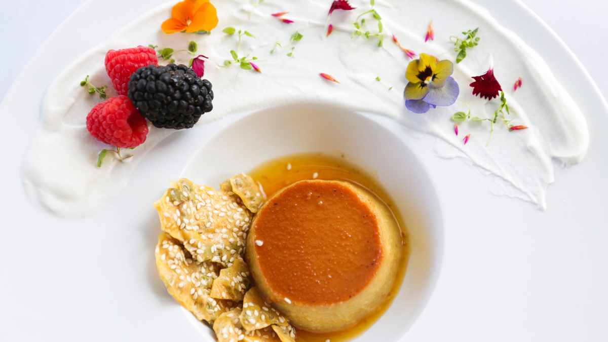 The pecans pumpkin flan dessert dish at Seviche. Nov. 4, 2016