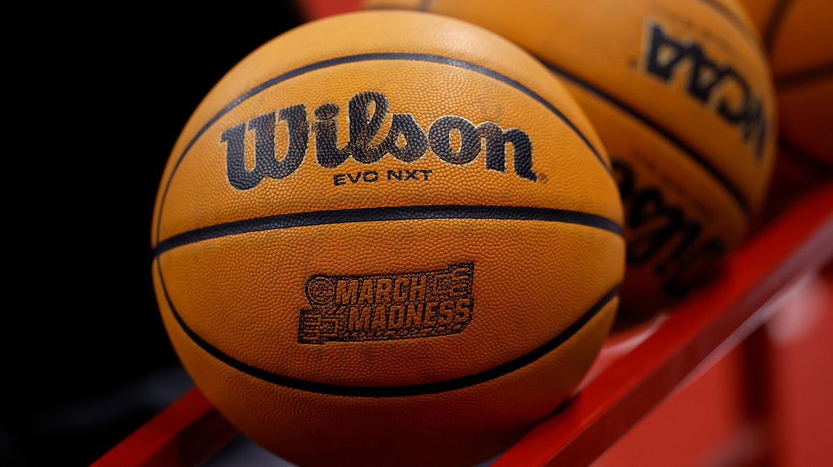 A detail view of a Wilson basketball with the March Madness logo before a game between Wisconsin and Penn State at Kohl Center on March 8, 2025, in Madison, Wisconsin.