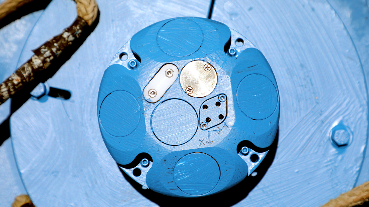 An ocean circulation sensor is prepared for deployment on the deck of the R/V W.T. Hogarth research vessel. The sensor will help sharpen a model that tracks the circulation of water through Florida's Tampa Bay. (Douglas R. Clifford/Tampa Bay Times/TNS)