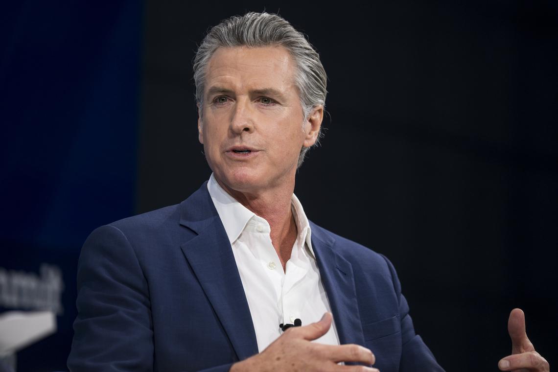 FILE -- Gov. Gavin Newsom of California speaks during a conversation with Andrew Ross Sorkin at the DealBook Summit in New York, Dec. 3, 2025. The Trump administration and Democratic state leaders are blaming each other for the big problem of hospice fraud. The president has targeted California and Gov. Gavin Newsom in particular. (Karsten Moran/The New York Times)