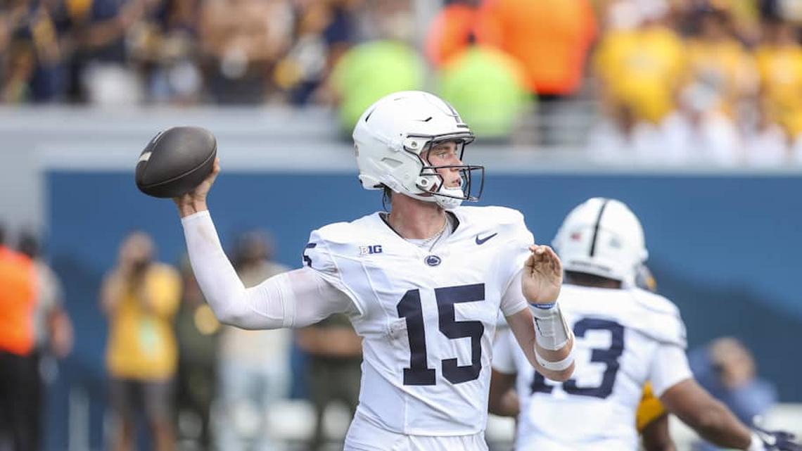  Aug 31, 2024; Morgantown, West Virginia, USA; Penn State Nittany Lions quarterback Drew Allar (15) throws a pass during the second quarter against the West Virginia Mountaineers at Mountaineer Field at Milan Puskar Stadium. Mandatory Credit: Ben Queen-Imagn Images | Ben Queen-Imagn Images 
