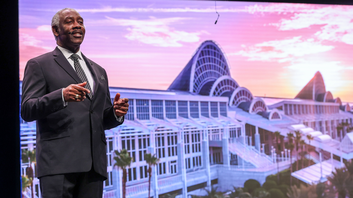 Orange County Mayor Jerry Demings remarks on the success of Central Florida tourism while delivering his final State of the County address, Friday, June 5, 2026, at the Orange County Convention Center.  (Joe Burbank/Orlando Sentinel)