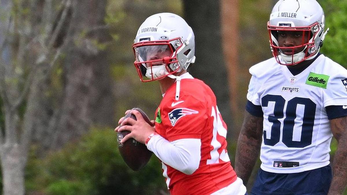  May 9, 2026; Foxborough, MA, USA; New England Patriots quarterback Behren Morton (15) drops back to pass during the New England Patriots rookie camp at Gillette Stadium. Mandatory Credit: Eric Canha-Imagn Images | Eric Canha-Imagn Images 