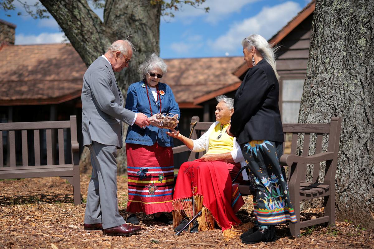 King Charles speaks with members of the Monacan Indian Nation during a visit at Dickey Ridge Visitor Center at Shenandoah National Park on the final day of the state visit of King Charles and Queen Camilla, in Front Royal, Virginia, U.S., April 30, 2026. Chip Somodevilla/Pool via REUTERS