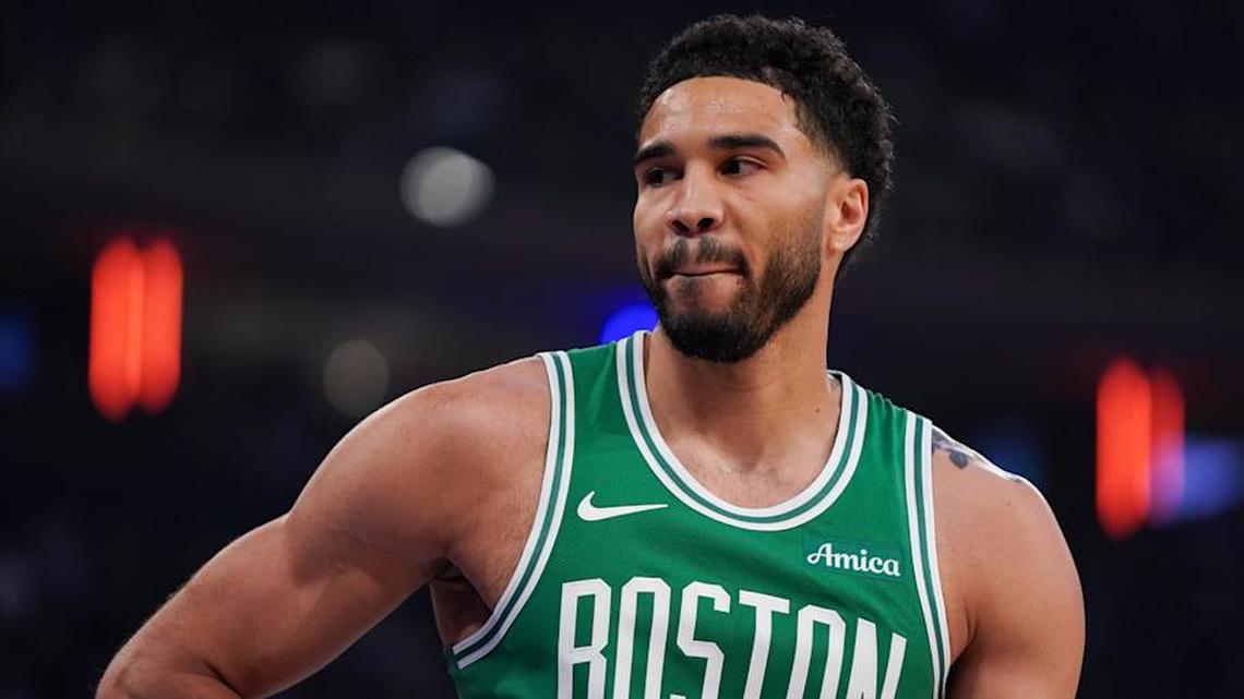  Apr 9, 2026; New York, New York, USA; Boston Celtics forward Jayson Tatum (0) looks on during the first half against the New York Knicks at Madison Square Garden. | Lucas Boland-Imagn Images 