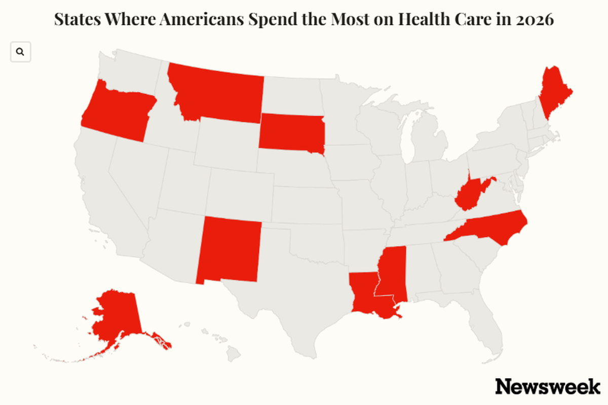  The map shows which states have the highest percentage of income spent on health care, according to a new WalletHub report. 