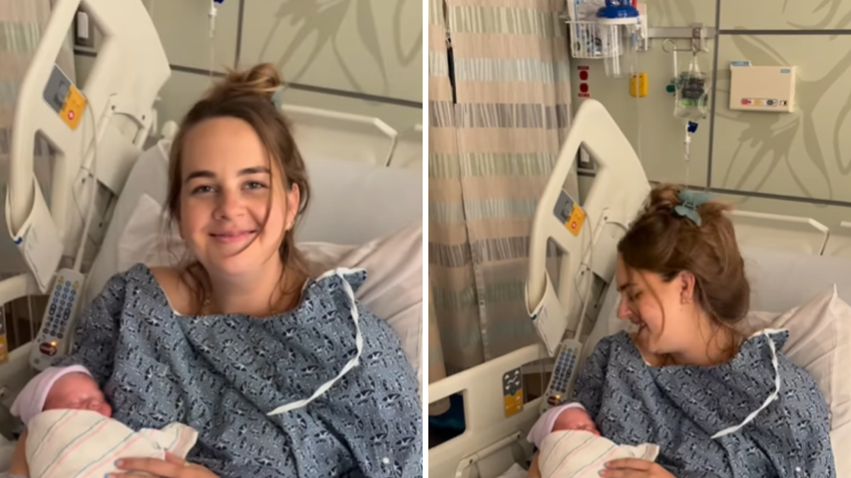 Lindsey Campbell in the hospital holding her newborn baby after giving birth. 