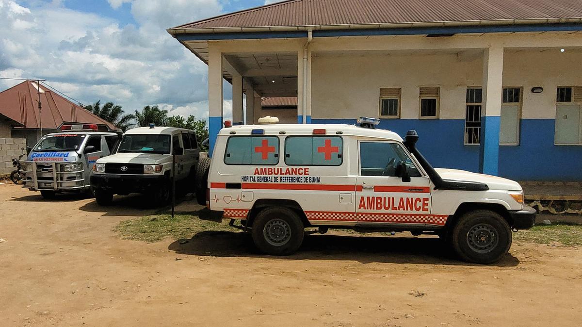 Ambulances parked at Bunia General Referral Hospital following confirmation of an Ebola outbreak involving the Bundibugyo strain in Bunia, Ituri province, Democratic Republic of Congo, May 16, 2026. Picture taken with a mobile phone. REUTERS/Victoire Mukenge