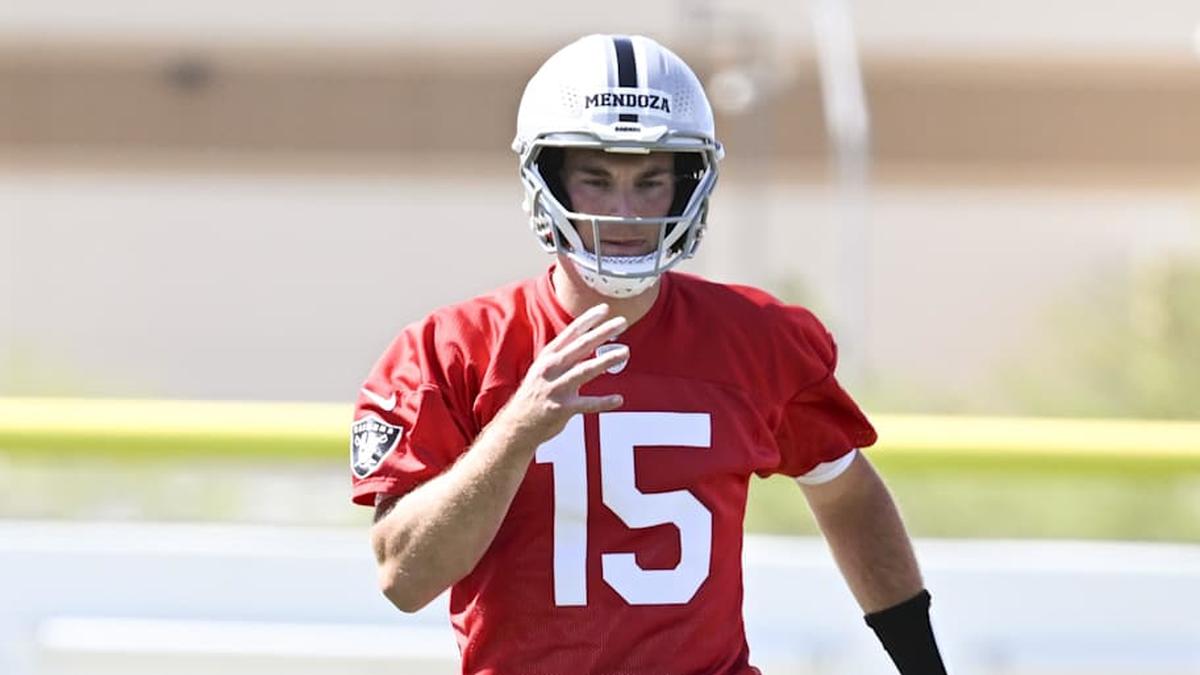  May 2, 2026; Henderson, NV, USA; Las Vegas Raiders quarterback Fernando Mendoza (15) warms up during a Rookie Minicamp at Intermountain Health Performance Center. Mandatory Credit: Candice Ward-Imagn Images | Candice Ward-Imagn Images 