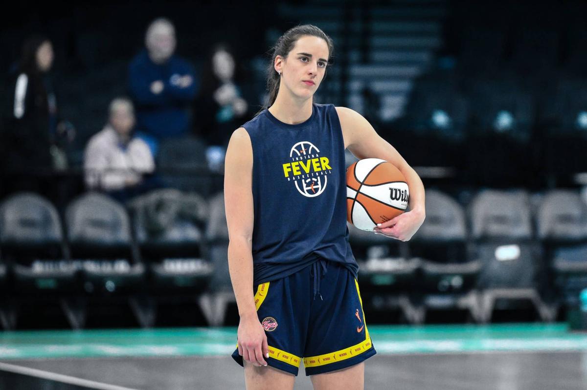  Apr 25, 2026; Brooklyn, NY, USA; Indiana Fever guard Caitlin Clark (22) warms up before a game against the New York Liberty at Barclays Center. Mandatory Credit: John Jones-Imagn Images 