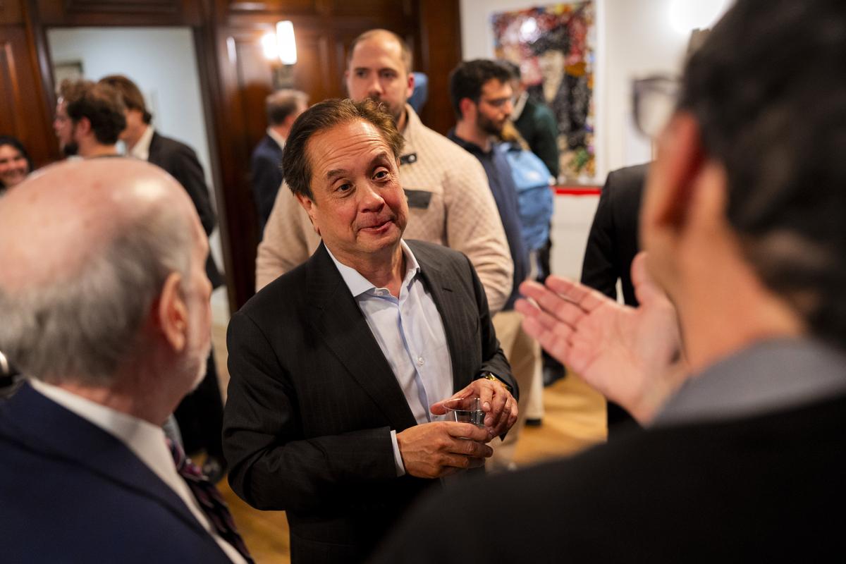 FILE -- George Conway, a lawyer and candidate for the 12th Congressional District of New York, speaks with guests after a candidate forum in Manhattan on March 17, 2026. Rep. Jerrold Nadler (D-N.Y.) and Rep. Nancy Pelosi (D-Calif.) are retiring, prompting competitive races to succeed them. (Vincent Alban/The New York Times)