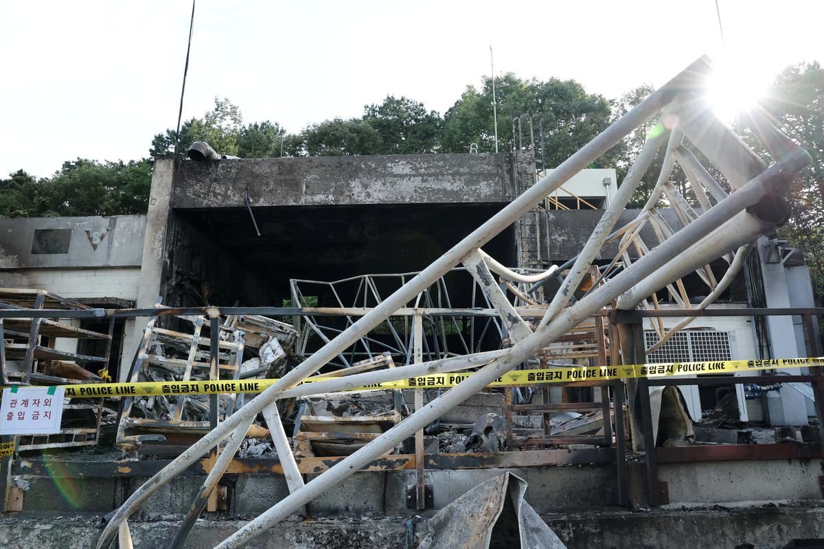 A general view of a heavily damaged production line for rocket propellant of Hanwha Aerospace's factory after an explosion, in Daejeon, South Korea, June 1, 2026.    Yonhap via REUTERS