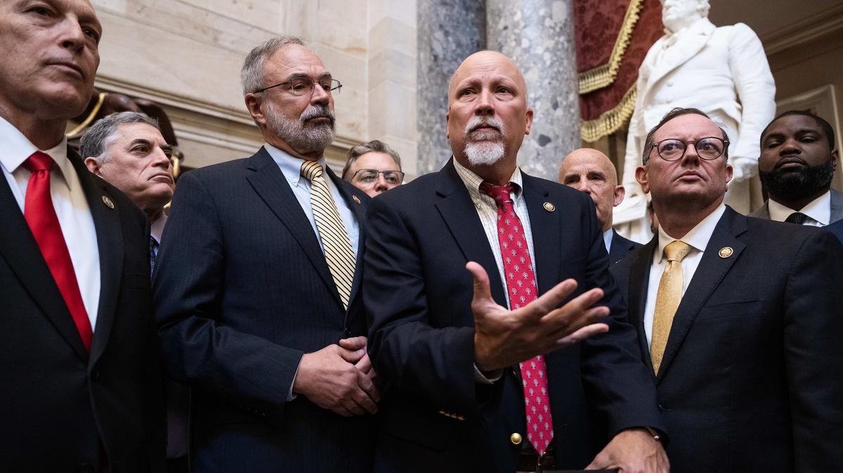 Rep. Chip Roy, R-Texas, and members of the House Freedom Caucus, conduct a news conference to say they will not support the DHS funding bill, in the U.S. Capitol's Statuary Hall on Friday, March 27, 2026. (Tom Williams/CQ Roll Call via ZUMA Press/TNS)