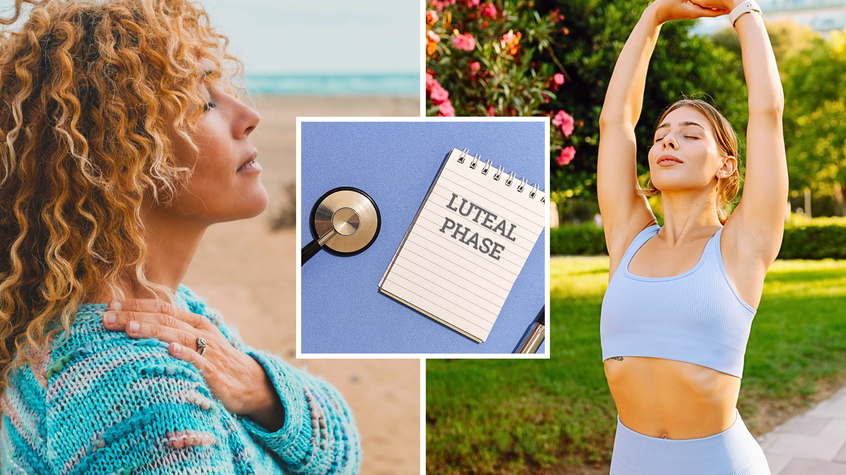 A woman exhales on a beach (L); inset, an illustration reading 'luteal phase;' and a woman stretching. 