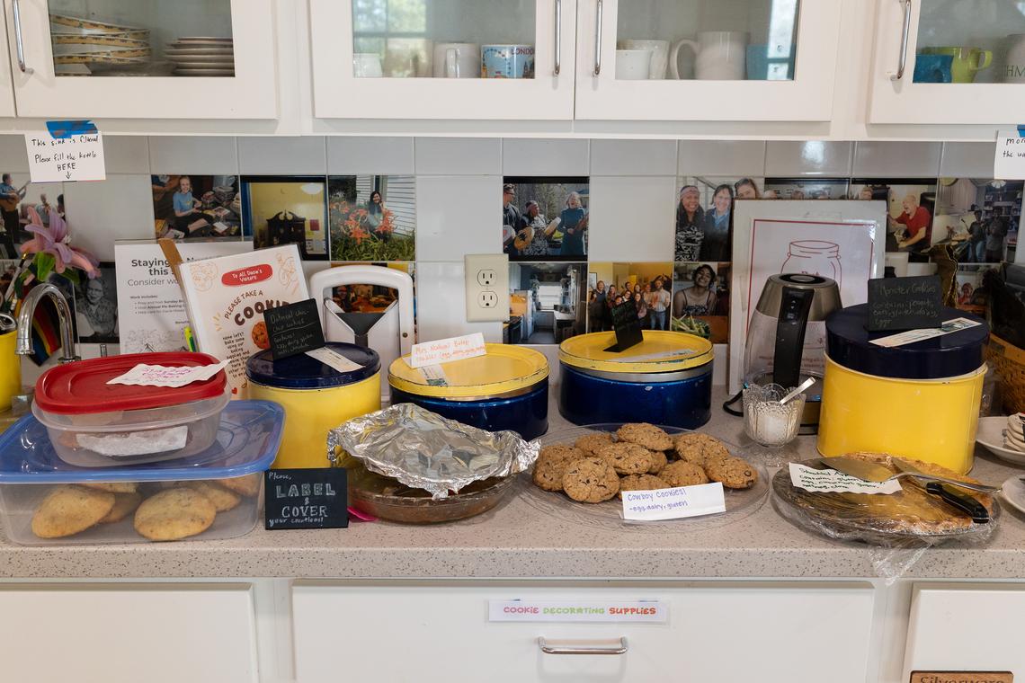 Baked goods on a counter at the Dacie Moses House, Carleton College's cookie house in Northfield, Minn., March 31, 2026. You can eat your fill of what you bake using house ingredients, but you must leave the rest for others. (Liam James Doyle/The New York Times)