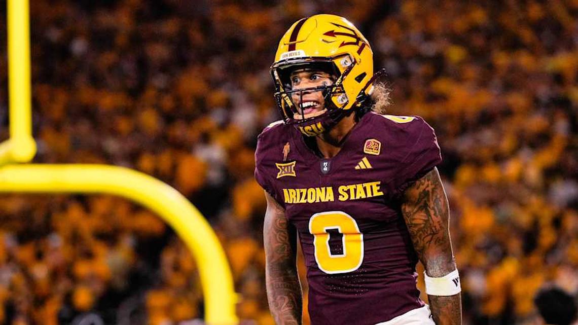 Aug 30, 2025; Tempe, Arizona, USA;  Arizona State Sun Devils wide receiver Jordyn Tyson (0) celebrates his touchdown in the first quarter between Arizona State Sun Devils and Northern Arizona Lumberjacks at Mountain America Stadium. Mandatory Credit: Arianna Grainey-Imagn Images. 