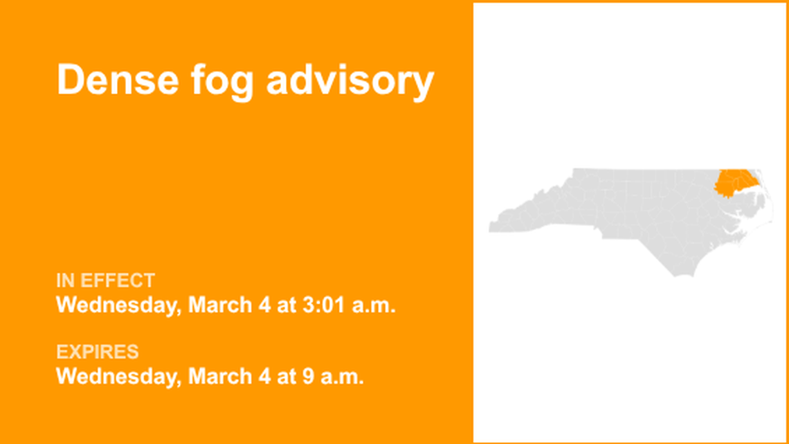 Dense fog advisory in place for Eastern North Carolina until Wednesday morning 