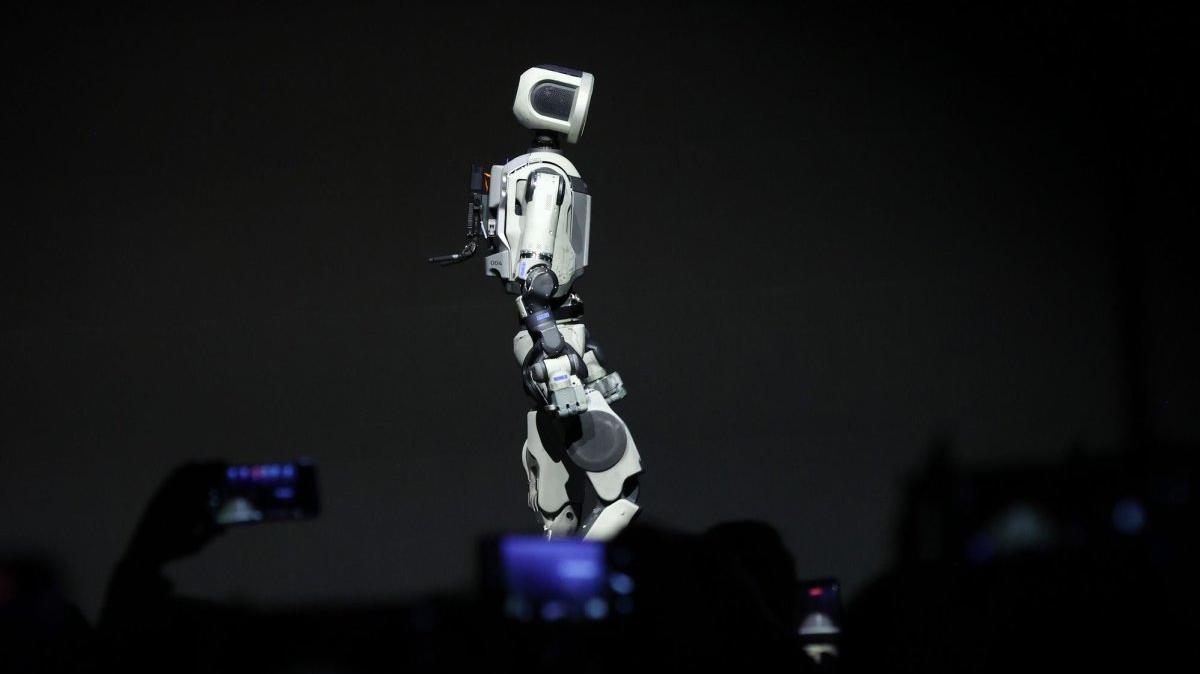 The ATLAS prototype robot by Boston Dynamics walks on stage during a press conference at the 2026 International CES, at the Mandalay Bay Convention Center in Las Vegas, Nevada on Monday, January 5, 2026. File. Photo by James Atoa/UPI