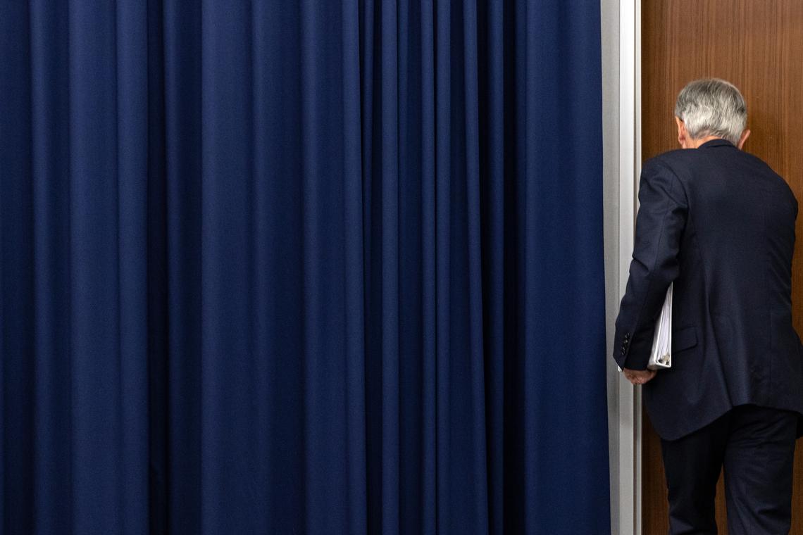 Jerome Powell, the Federal Reserve chairman, departs after speaking at a news conference at the Federal Reserve in Washington, on Wednesday, April 29, 2026. Powell, whose term as chair expires next month, said he would stay on as a governor "for a period of time." (Anna Rose Layden/The New York Times)