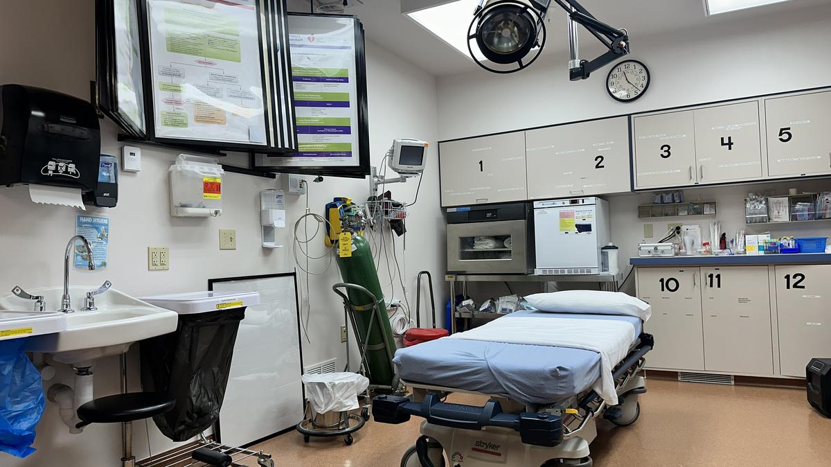 The emergency department at Big Sandy’s hospital consists of a single room with two beds and nothing but a curtain between them for privacy. Rancher Shane Chauvet found himself in that bed after a piece of metal nearly cut off his arm during a windstorm a few years back. (Aaron Bolton/MTPR/KFF Health News/TNS)