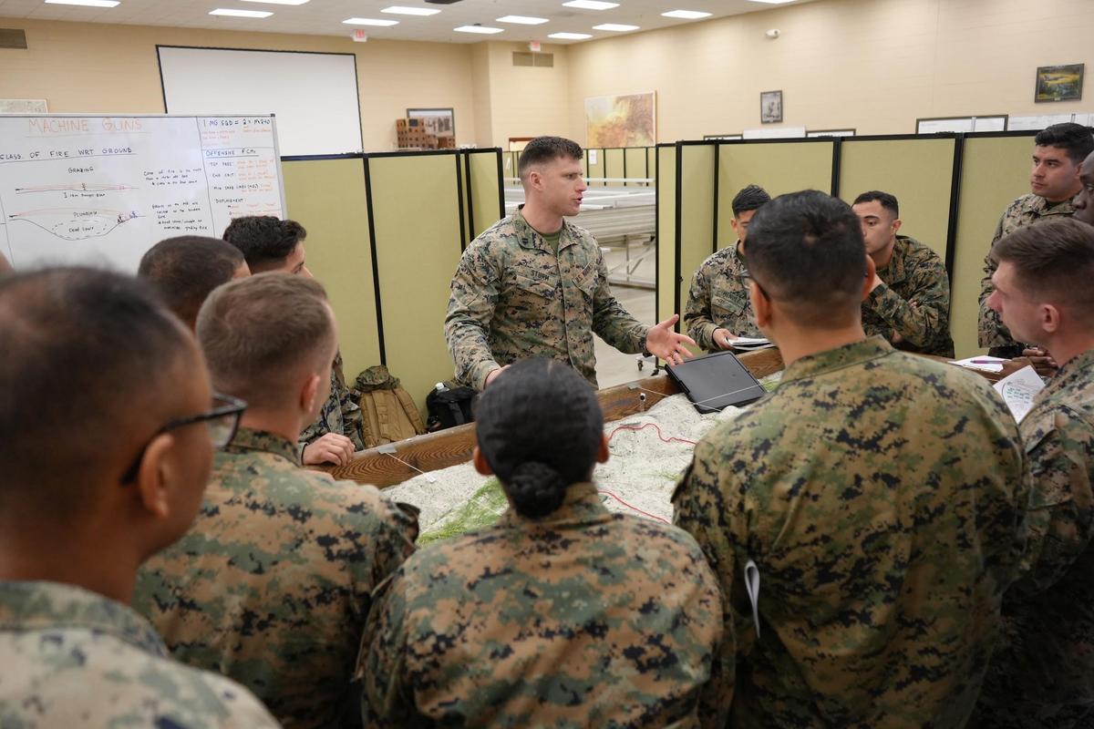  Samuel Caleb Sturm teaching a sand table exercise during a Warrant Officer Basic Course at Marine Corps Base Quantico in 2025. (Photo courtesy of the author) 