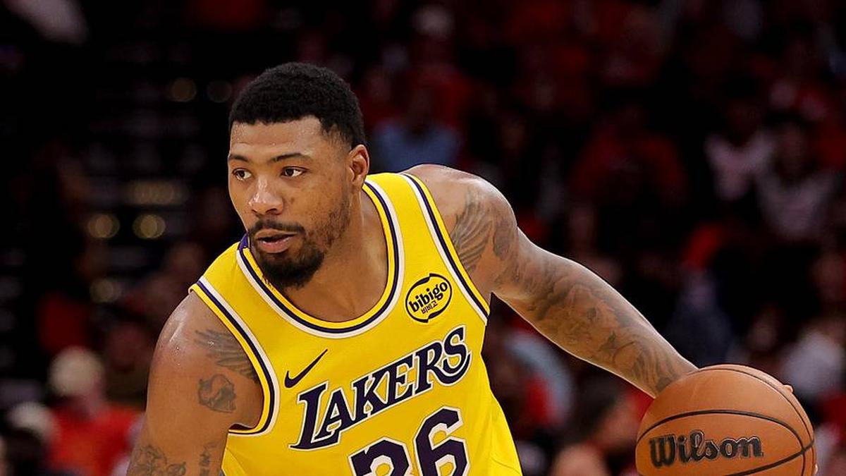  May 1, 2026; Houston, Texas, USA; Los Angeles Lakers guard Marcus Smart (36) handles the ball against the Houston Rockets during the fourth quarter of game six of the first round of the 2026 NBA Playoffs at Toyota Center. | Erik Williams-Imagn Images 
