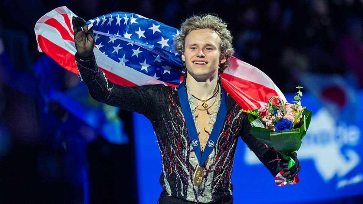 BOSTON, UNITED STATES: MARCH 29:  Ilia Malinin of the United States celebrates his gold medal victory after the Men’s Free Skating at the ISU World Figure Skating Championships 2025 at TD Garden on March 29th, 2025, in Boston, Massachusetts, United States. (Photo by Tim Clayton/Corbis via Getty Images)