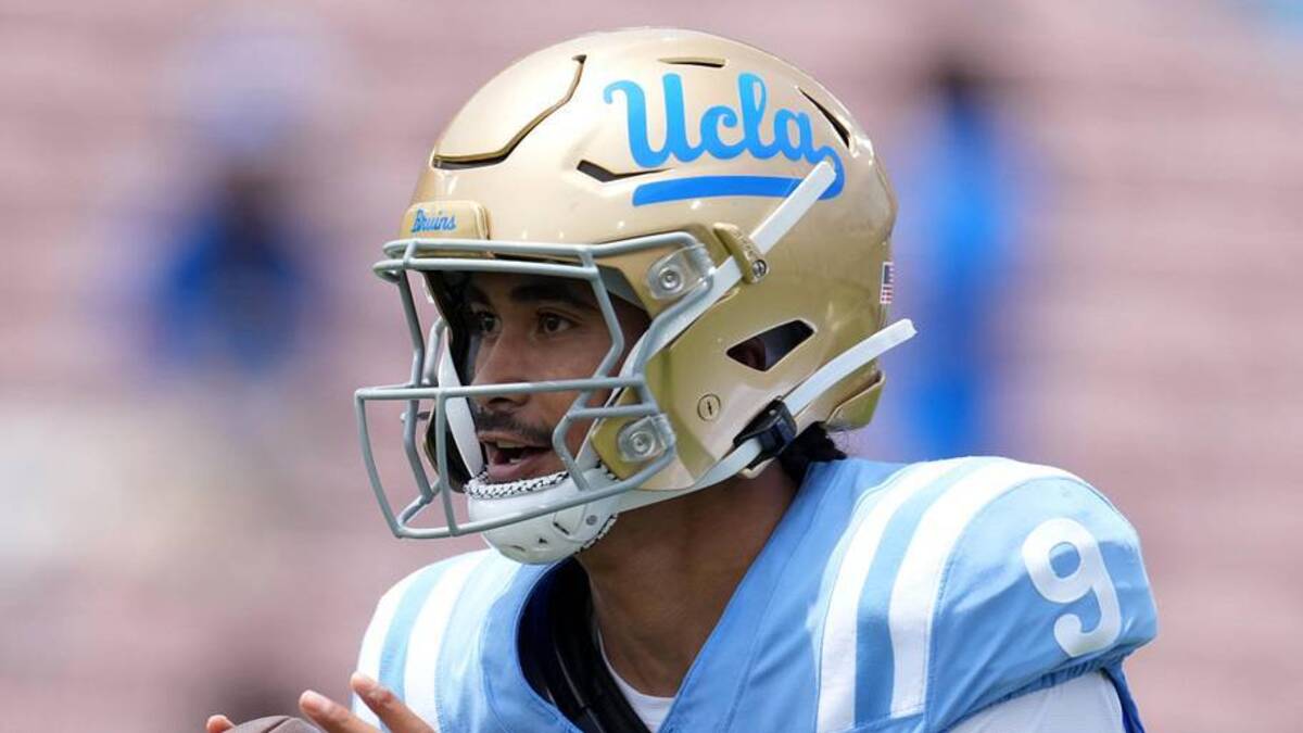  May 2, 2026; Pasadena, CA, USA; UCLA Bruins quarterback Nico Iamaleava (9) throws the ball during the spring game at Rose Bowl. Mandatory Credit: Kirby Lee-Imagn Images | Kirby Lee-Imagn Images 