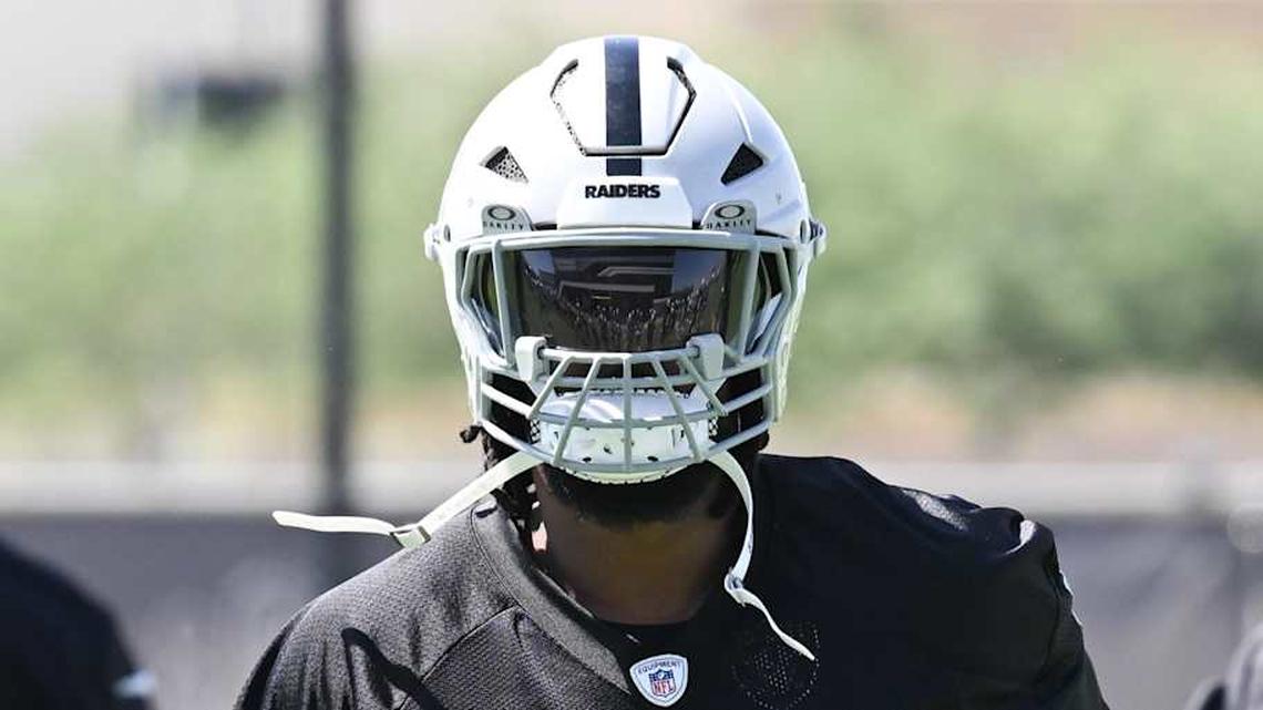  Jun 11, 2025; Henderson, NV, USA; Las Vegas Raiders defensive tackle Adam Butler (69) looks on during Las Vegas Raiders Minicamp at Intermountain Health Performance Center. Mandatory Credit: Candice Ward-Imagn Images | Candice Ward-Imagn Images 