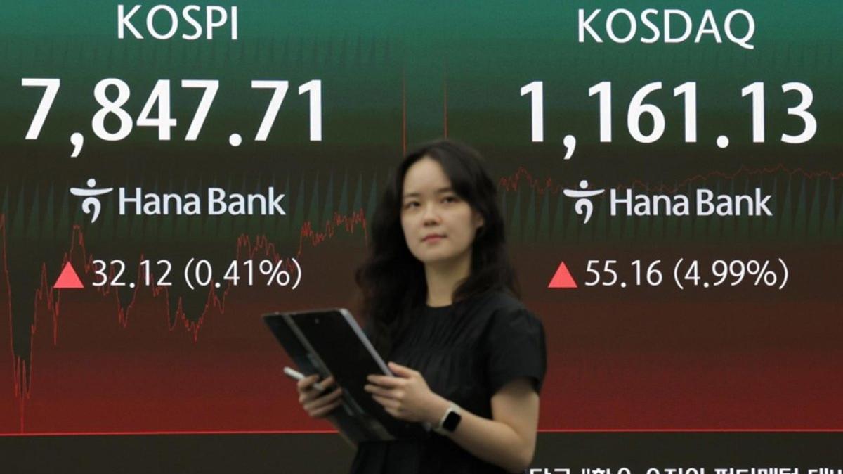 A financial data screen in the dealing room of Hana Bank shows the benchmark Korea Composite Stock Price Index (KOSPI) up 32.12 points, or 0.41 percent, to close at 7,847.71 in Seoul, South Korea, 22 May 2026. South Korean stocks closed mildly higher amid rising hopes for a diplomatic resolution to the conflict between the United States and Iran. Photo by YONHAP / EPA