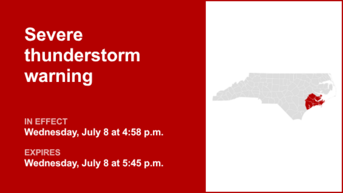 UPDATE: Thunderstorms with damaging winds and penny-sized hail in Eastern North Carolina Wednesday 