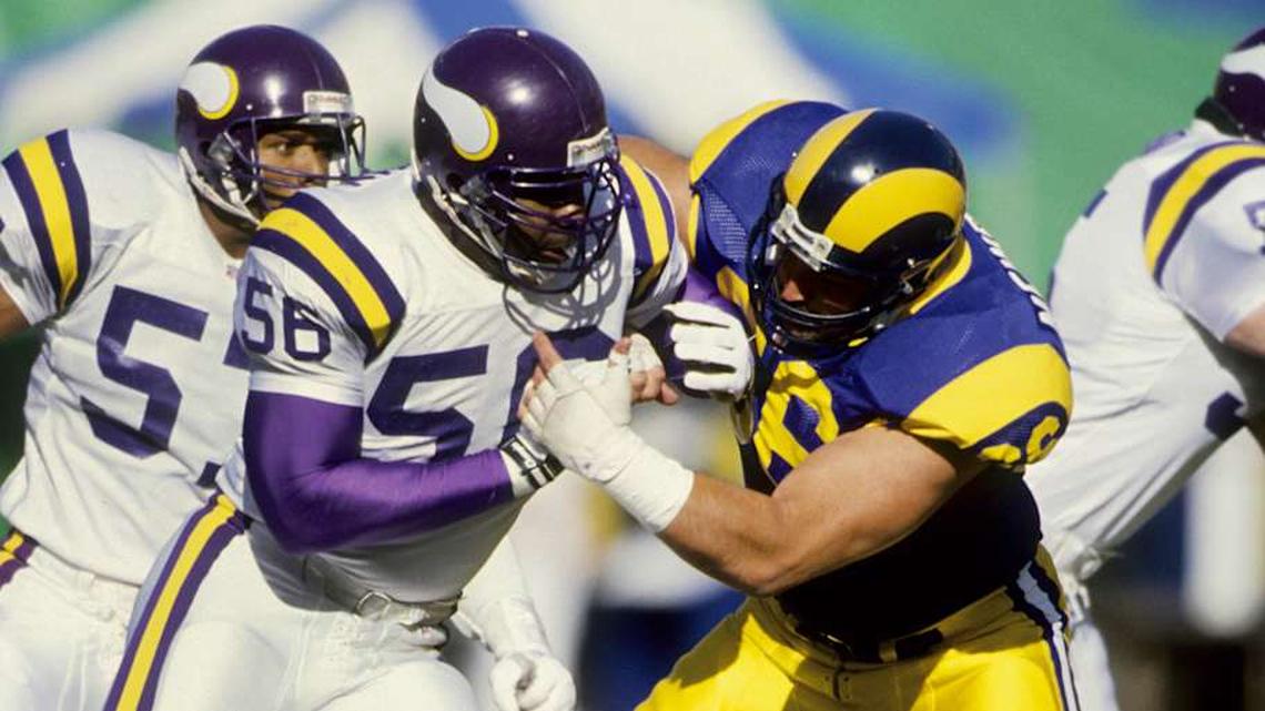  Nov 28, 1993; Anaheim, CA, USA; FILE PHOTO; Minnesota Vikings defensive end Chris Doleman (56) battles Los Angeles Rams guard Tom Newberry (66) at Anaheim Stadium. Mandatory Credit: Imagn Images | RVR Photos-Imagn Images 