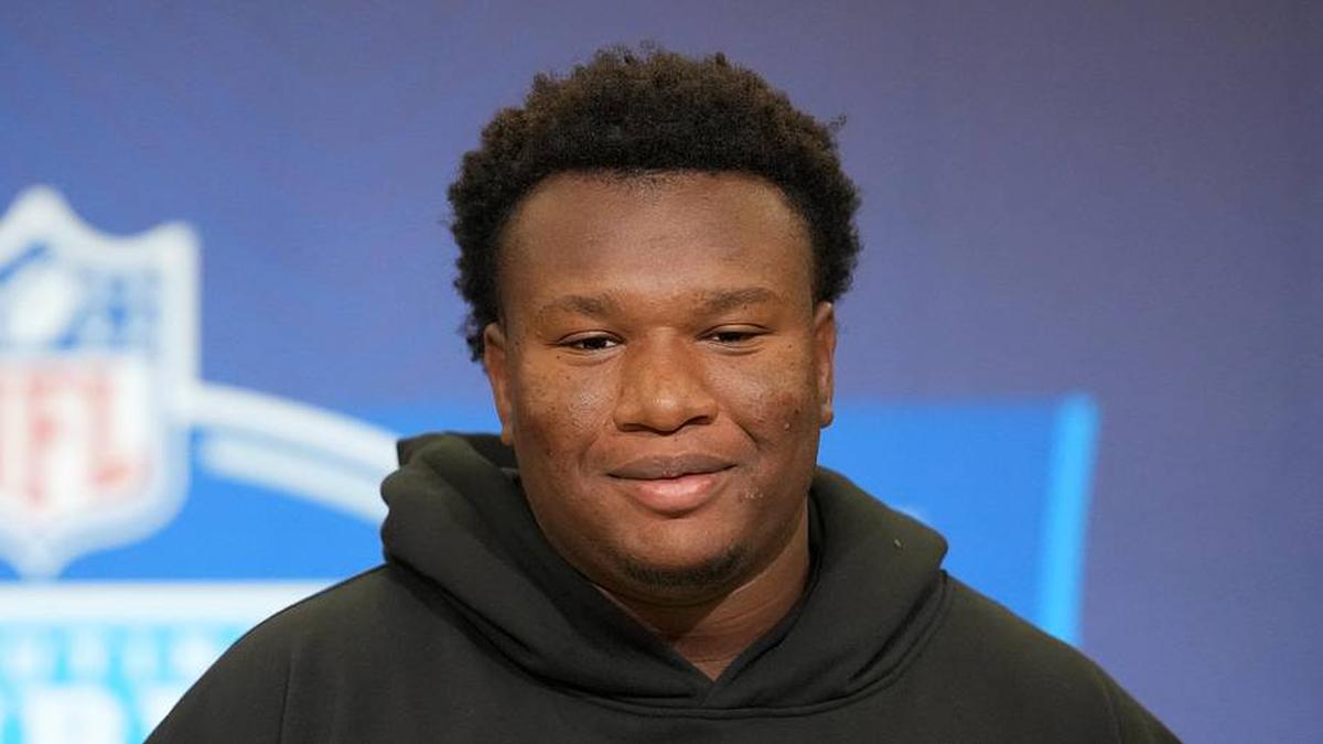  Feb 25, 2026; Indianapolis, IN, USA; NC State defensive lineman Brandon Cleveland (DL06) speaks during the NFL Scouting Combine at the Indiana Convention Center. Mandatory Credit: Kirby Lee-Imagn Images | Kirby Lee-Imagn Images 