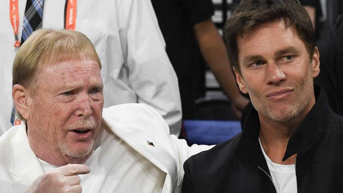  Oct 8, 2023; Las Vegas, Nevada, USA; Las Vegas Aces owner Mark Davis and part-owner Tom Brady talk before the game between the Las Vegas Aces and the New York Liberty during game one of the 2023 WNBA Finals at Michelob Ultra Arena. Mandatory Credit: Candice Ward-Imagn Images | Candice Ward-Imagn Images 