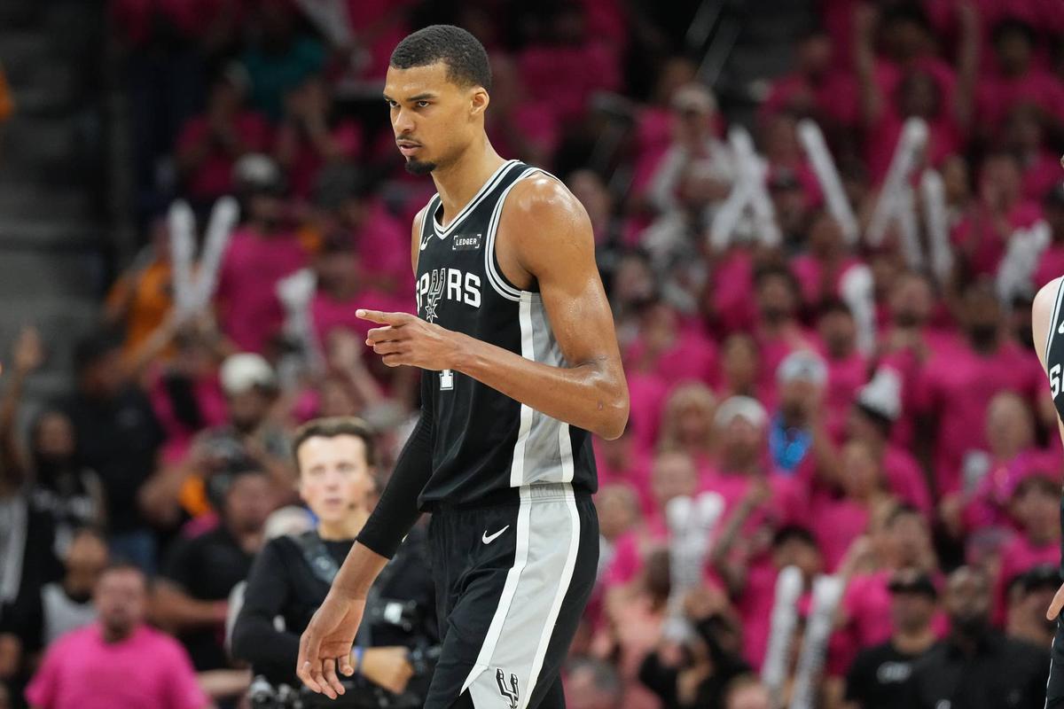  San Antonio Spurs forward Victor Wembanyama (1) reacts in the second half during game three of the Western Conference Finals. 