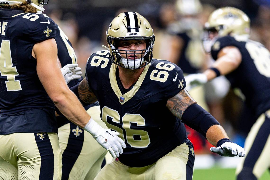 Aug 25, 2024; New Orleans, Louisiana, USA; New Orleans Saints center Shane Lemieux (66) during the warmups before the game against the Tennessee Titans at Caesars Superdome. Mandatory Credit: Stephen Lew-USA TODAY Sports 