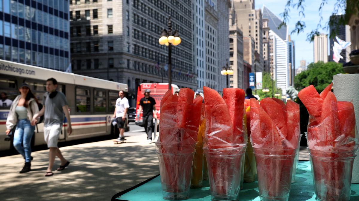 Pedestrians walk past a vendor’s cart topped with cups of fruit to sell along Michigan Avenue near the Art Institute of Chicago on May 27, 2026. (Antonio Perez/Chicago Tribune/TNS)