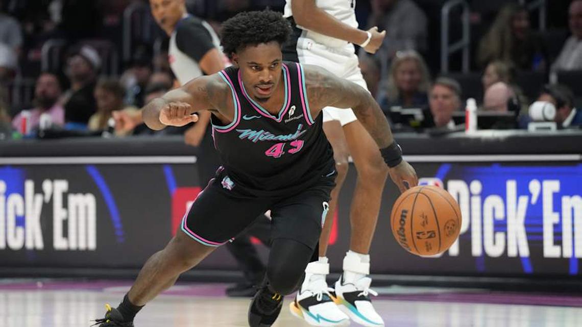 Mar 23, 2026; Miami, Florida, USA; Miami Heat guard Davion Mitchell (45) runs down the ball during the second half against the San Antonio Spurs at Kaseya Center. Mandatory Credit: Jim Rassol-Imagn Images | Jim Rassol-Imagn Images 