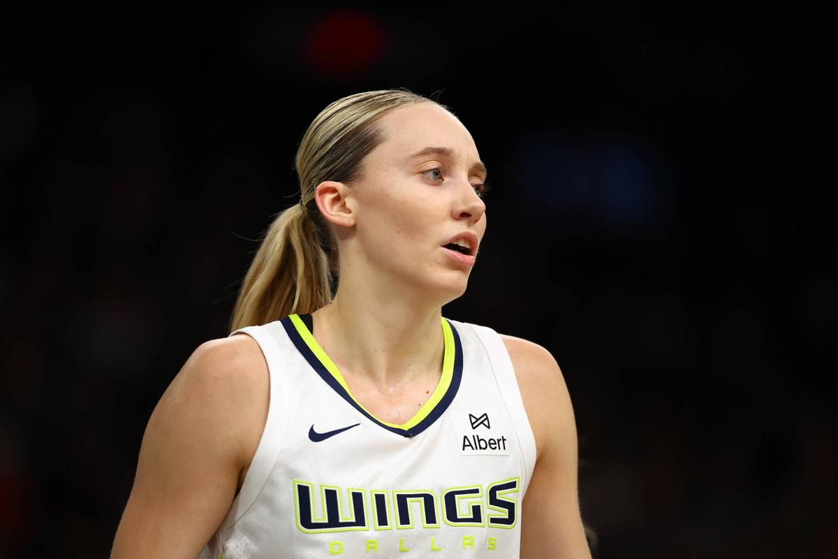 Dallas Wings guard Paige Bueckers (5) looks on during a game. © Mark J. Rebilas-Imagn Images