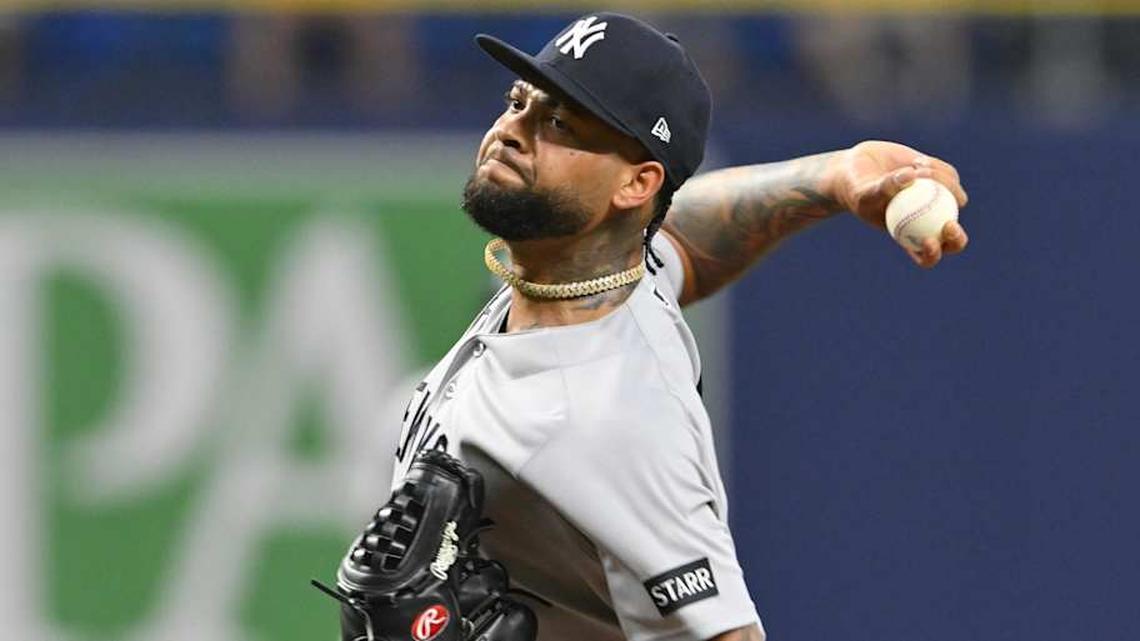  New York Yankees pitcher Luis Gil (81) throws a pitch during the first inning against Tampa Bay Rays at Tropicana Field. | Pablo Robles-Imagn Images 