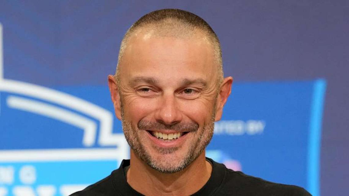  Feb 24, 2026; Indianapolis, IN, USA; Las Vegas Raiders general manager John Spytek speaks at the NFL Scouting Combine at the Indiana Convention Center. Mandatory Credit: Kirby Lee-Imagn Images | Kirby Lee-Imagn Images 
