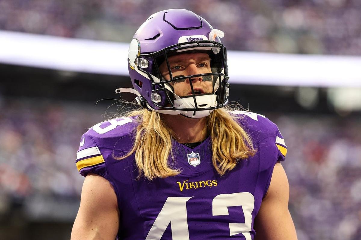 NFL: Atlanta Falcons at Minnesota Vikings. Dec 8, 2024; Minneapolis, Minnesota, USA; Minnesota Vikings linebacker Andrew Van Ginkel (43) looks on before the game against the Atlanta Falcons at U.S. Bank Stadium. Mandatory Credit: Matt Krohn-Imagn Images