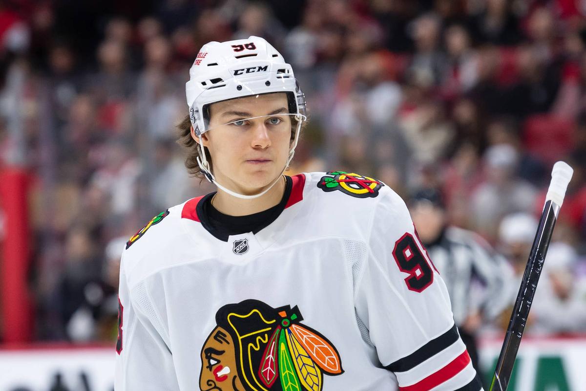  Chicago Blackhawks center Connor Bedard (98) skates during a stoppage of play at the Canadian Tire Centre. Marc DesRosiers-Imagn Images 