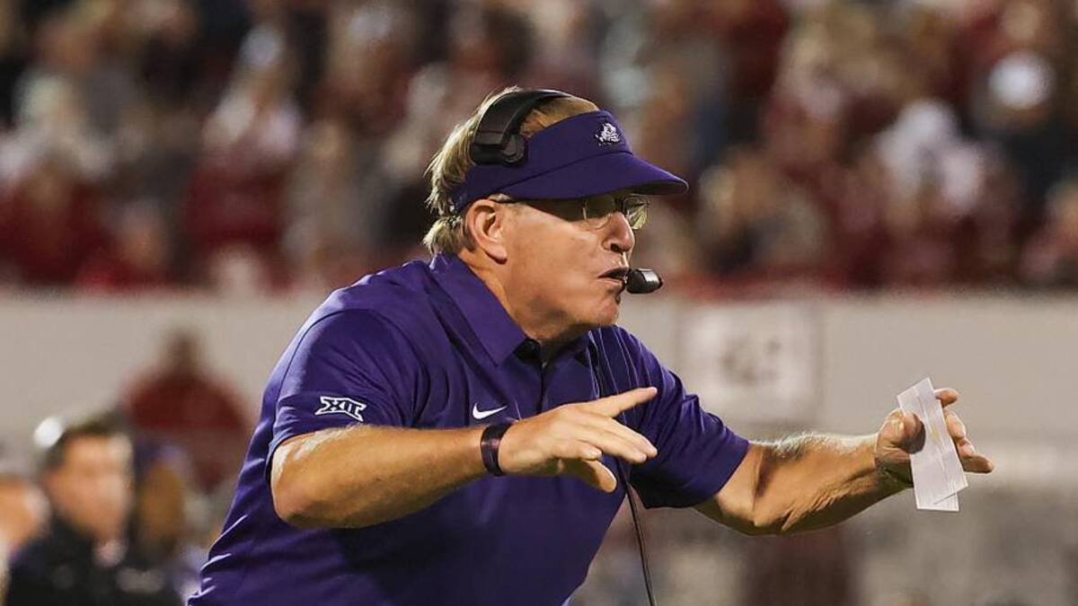  Oct 16, 2021; Norman, Oklahoma, USA; TCU Horned Frogs head coach Gary Patterson during the game against the Oklahoma Sooners at Gaylord Family-Oklahoma Memorial Stadium. Mandatory Credit: Kevin Jairaj-Imagn Images | Kevin Jairaj-Imagn Images 