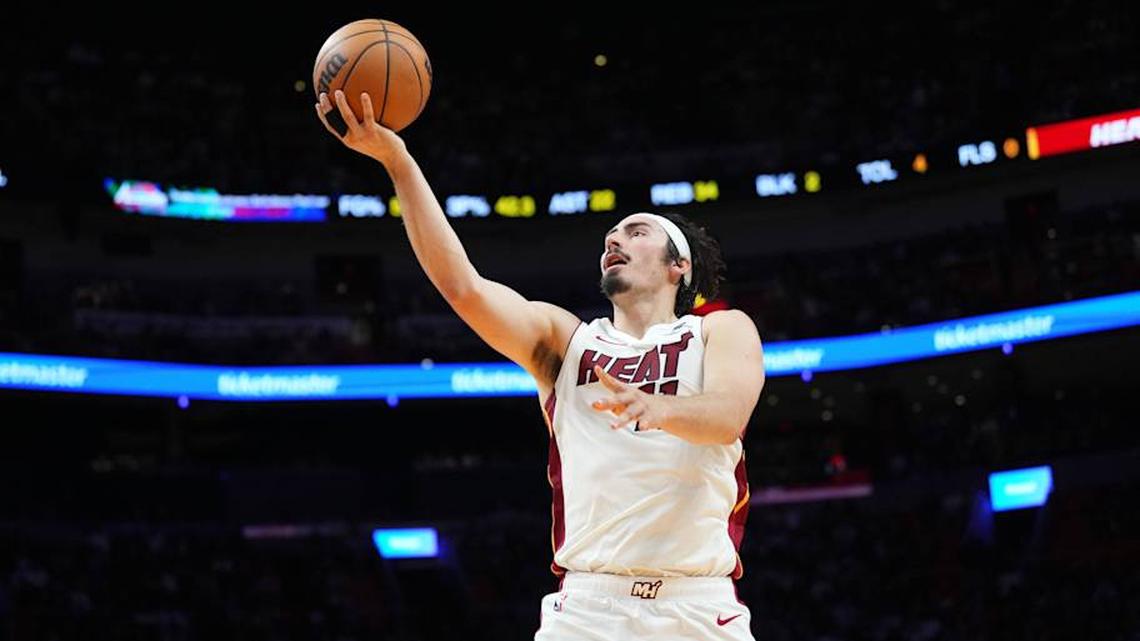  Apr 12, 2026; Miami, Florida, USA; Miami Heat forward Jaime Jaquez Jr. (11) shoots against the Atlanta Hawks during the second half at Kaseya Center. Mandatory Credit: Jim Rassol-Imagn Images | Jim Rassol-Imagn Images 