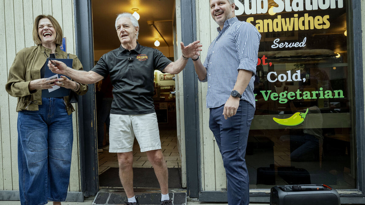 Sub Station Owner, Richard Munio, center, thanks everyone for their 54-years of support as he closes the shop with a two-day party for family, friends, and customers near UC Riverside in Riverside on Friday, June 19, 2026. City of Riverside Mayor Patricia Lock Dawson, left, and President and CEO, Greater Riverside Chamber of Commerce, Nicholas Adcock, help Munio celebrate the farewell of the Sub Station. (Photo by Terry Pierson, The Press-Enterprise/SCNG)